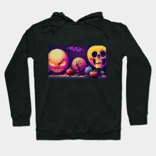 Digital Art of Pumpkins, Skulls, and Bats Sitting on Top of Each Other in a Dark Room Hoodie